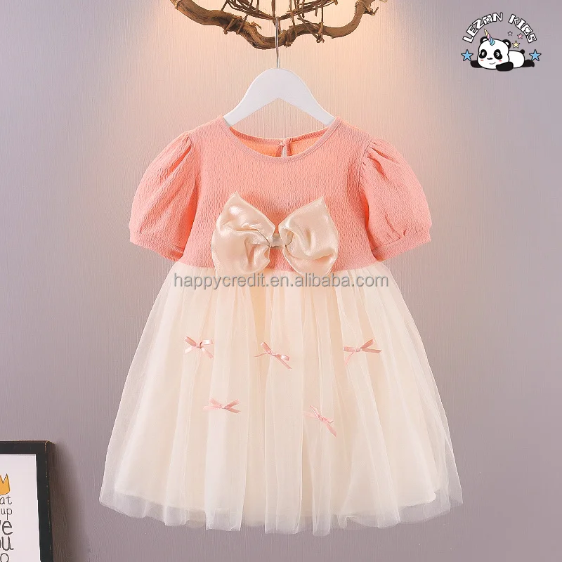 LEZONKIDS - Custom Bow Waistband Puff Sleeve Breathable Summer Tulle Boutique Dress Toddlers Girls' Casual Formal Sweet Long Party Dress